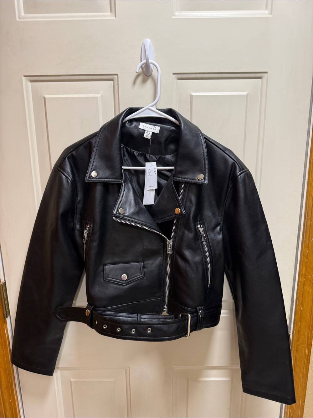 NWT TopShop Black Moto Faux Leather Biker Jacket with Belt size 6
